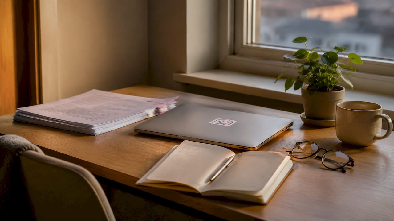 Minimalist home desk with guest communication papers and laptop
