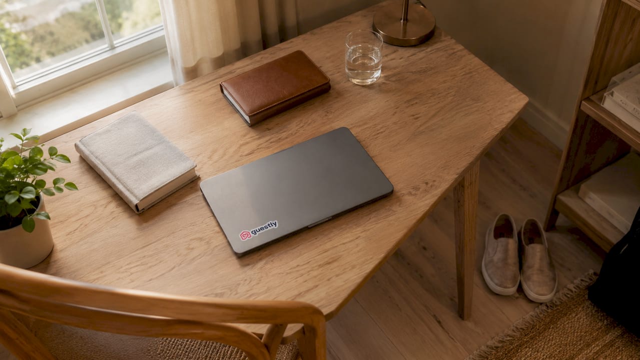 Nordic-inspired home workspace with laptop and notebooks