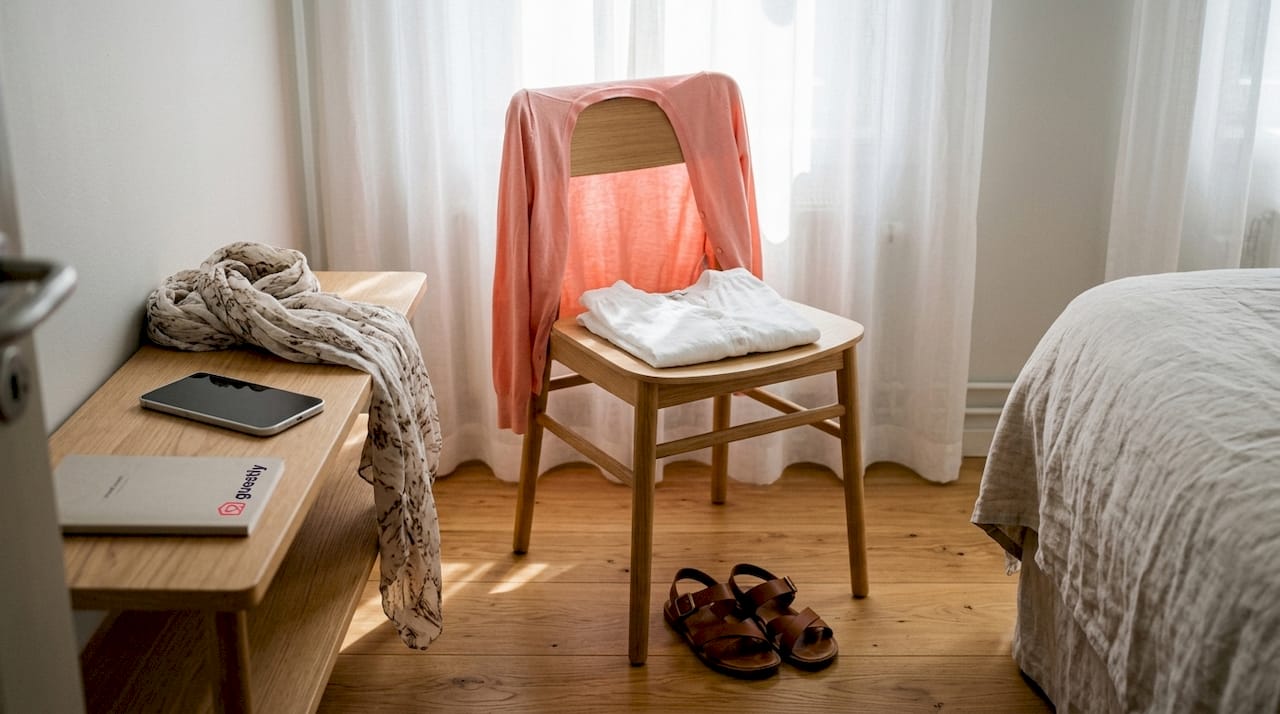 Summer work attire laid over chair in bright room