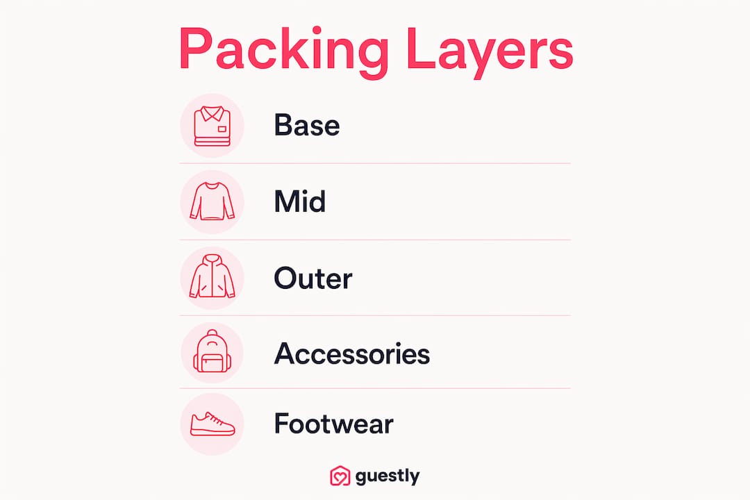 Infographic outlining clothing layering strategy for packing