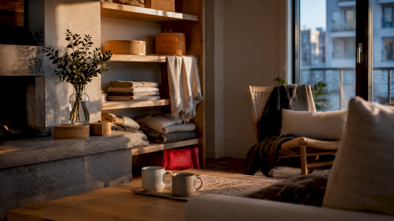 Natural décor elements on kitchen shelving in daylight