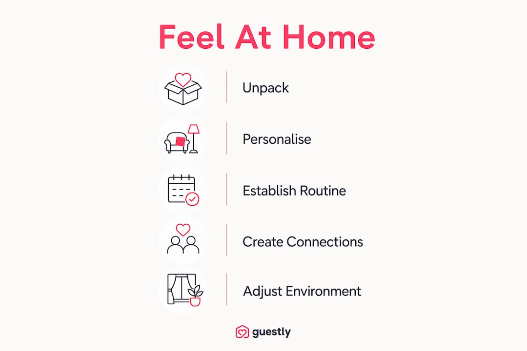 Infographic showing five steps to feel at home during temporary stay