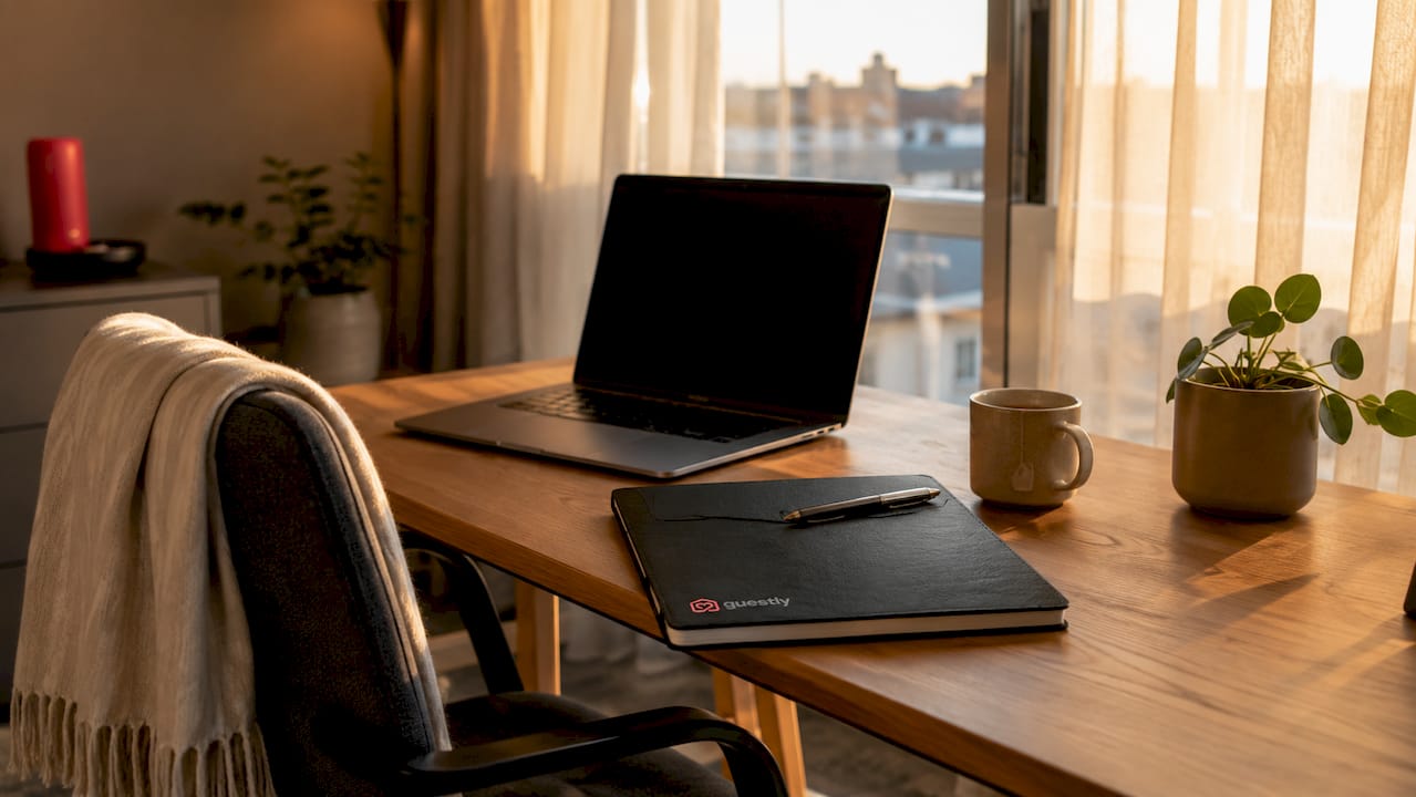 Scandi workspace with ergonomic setup and soft light
