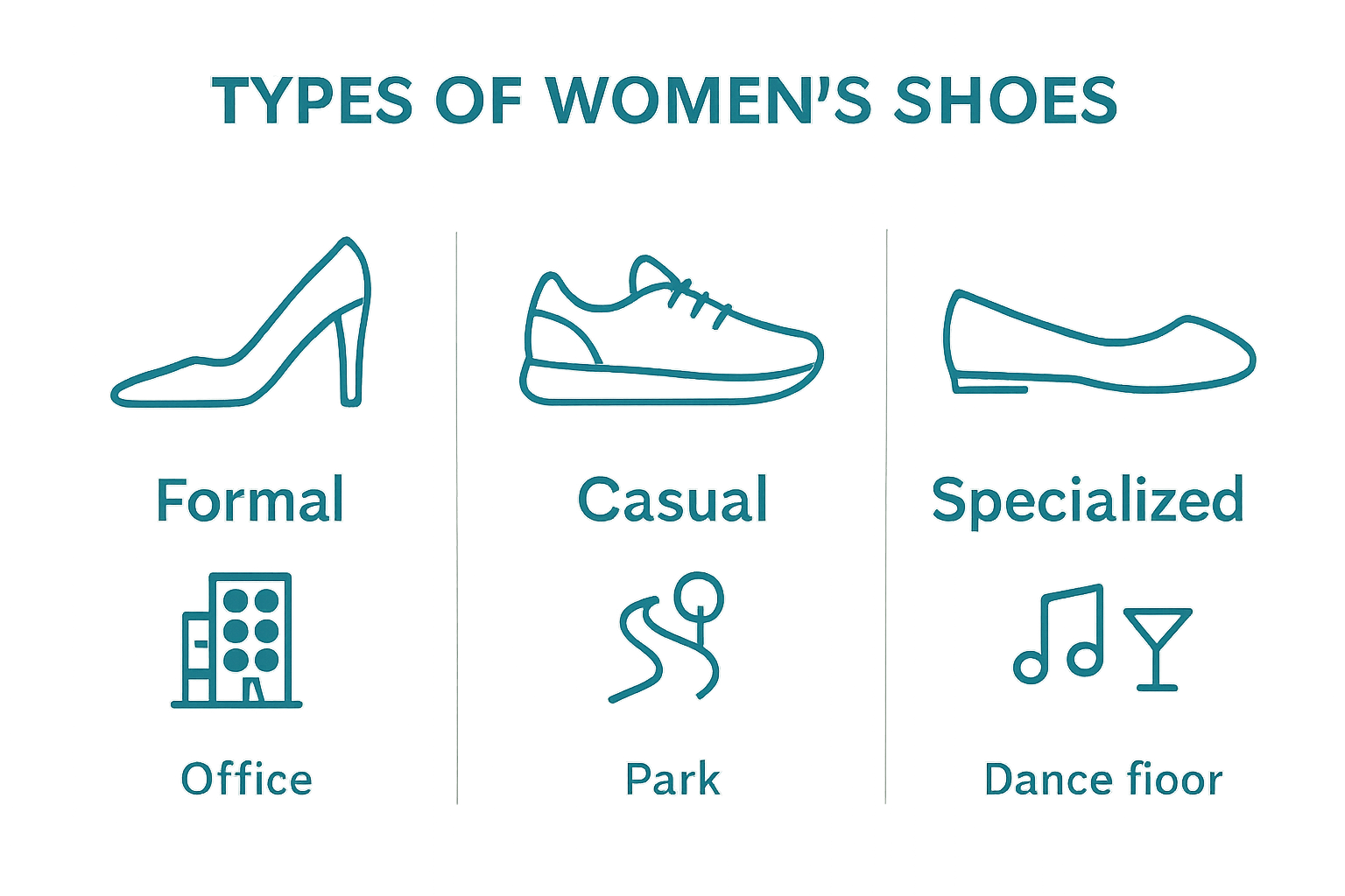 Simple icon comparison infographic of heels, sneakers, and flats and their main uses