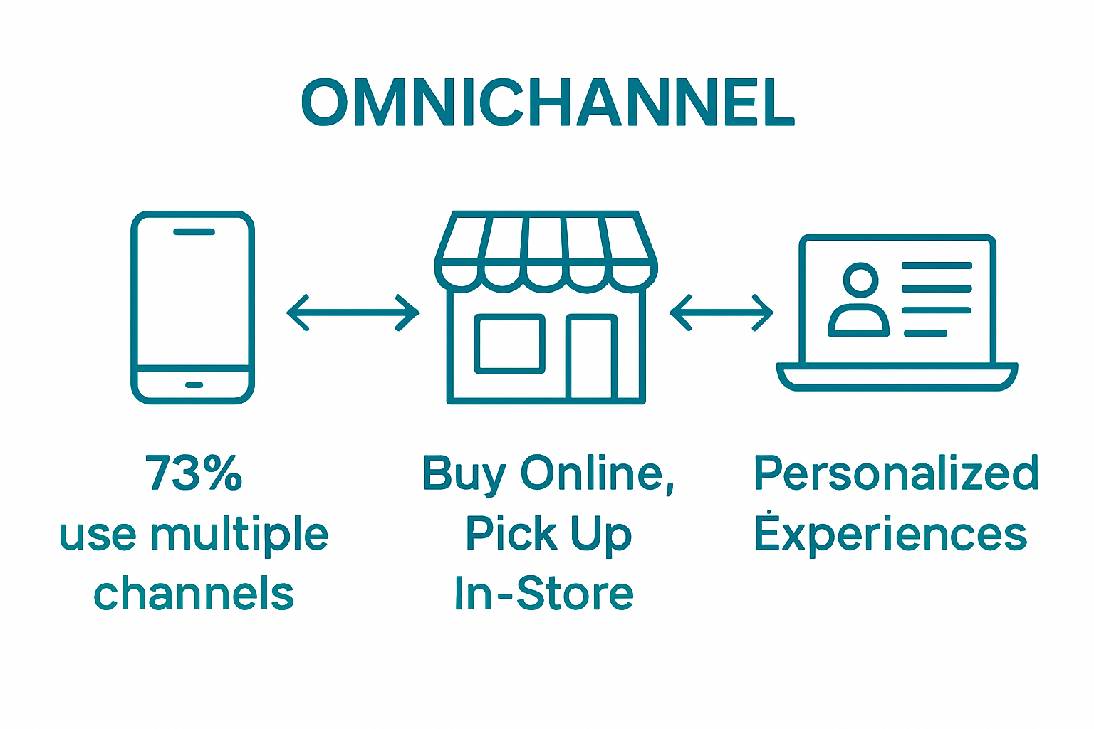 Infographic showing seamless integration of mobile, online and in-store shopping in omnichannel retail.
