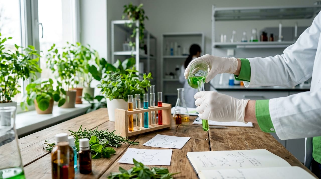 Hände, die Reagenzgläser halten, neben frischen Cannabisblättern