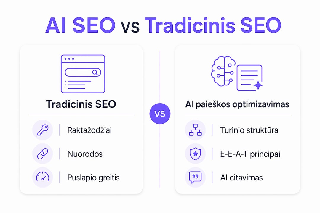 Infografike pateikiamas dirbtinio intelekto pagrindu veikiančio SEO ir tradicinio SEO palyginimas.