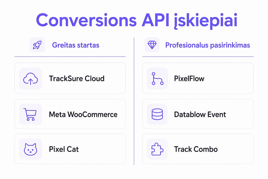 Palyginamoji infografika: populiariausi WordPress Conversions API įskiepių sprendimai