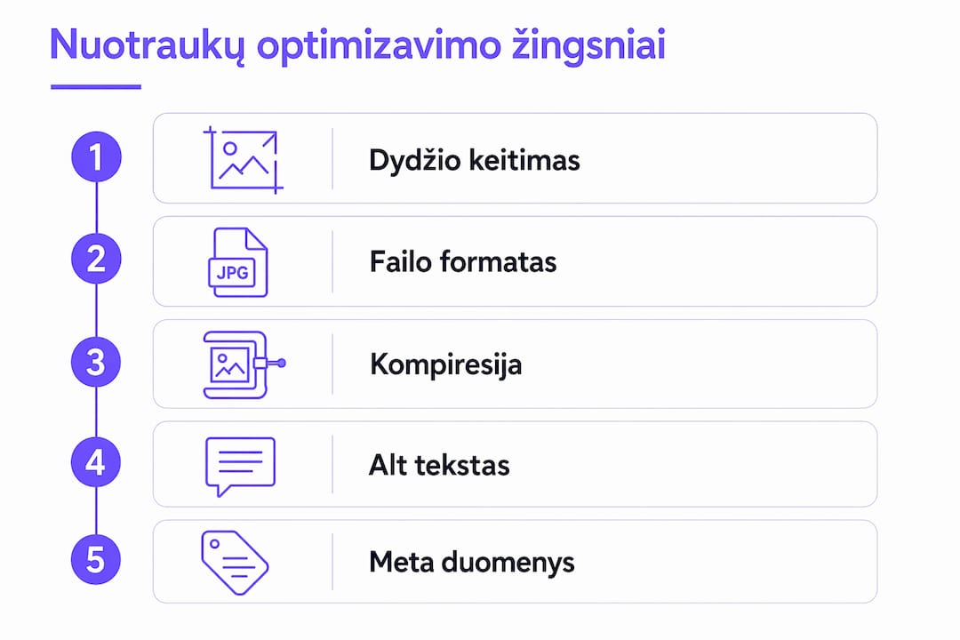 Infografinis paveikslas, aiškiai parodantis, kaip žingsnis po žingsnio optimizuoti nuotraukas