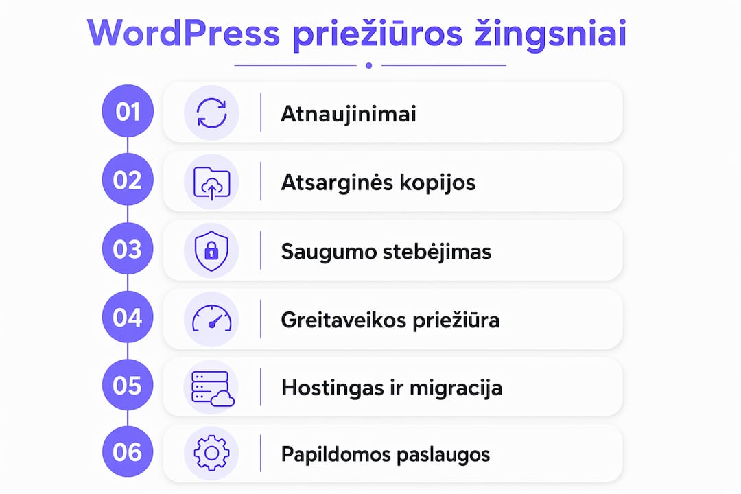 Infografikas: pagrindiniai WordPress svetainės priežiūros etapai