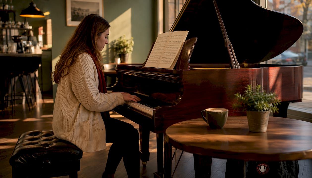 Woman practicing piano wedding music at home