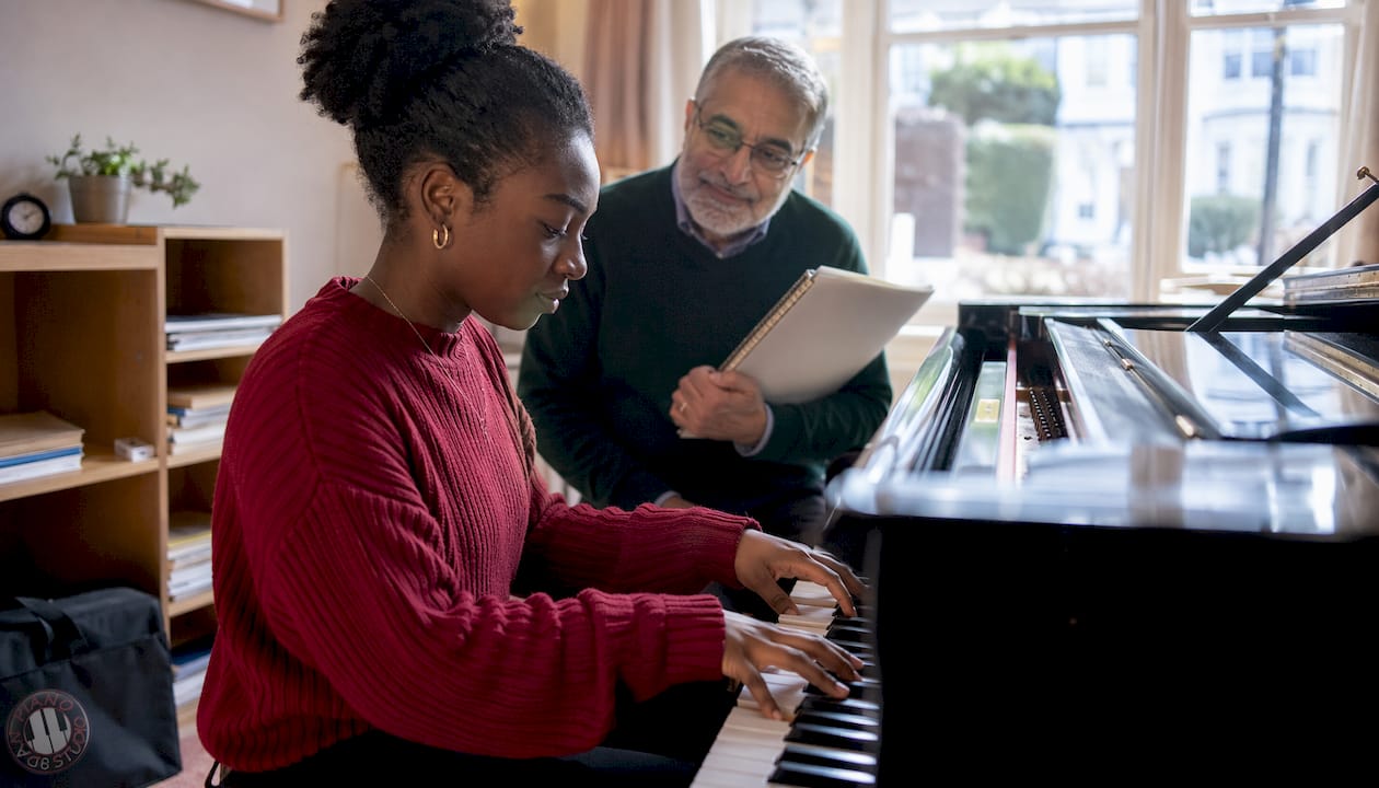 Student playing piano during trial lesson with teacher