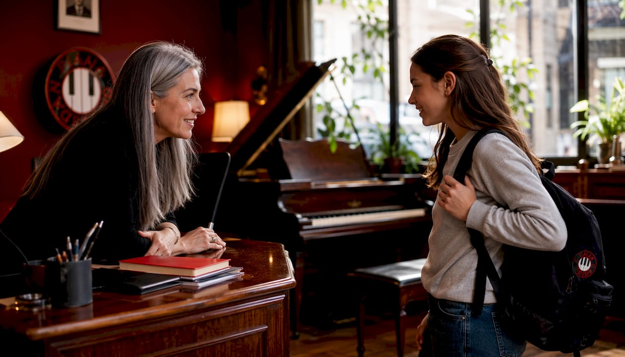 Reception area of London piano studio with teacher and student