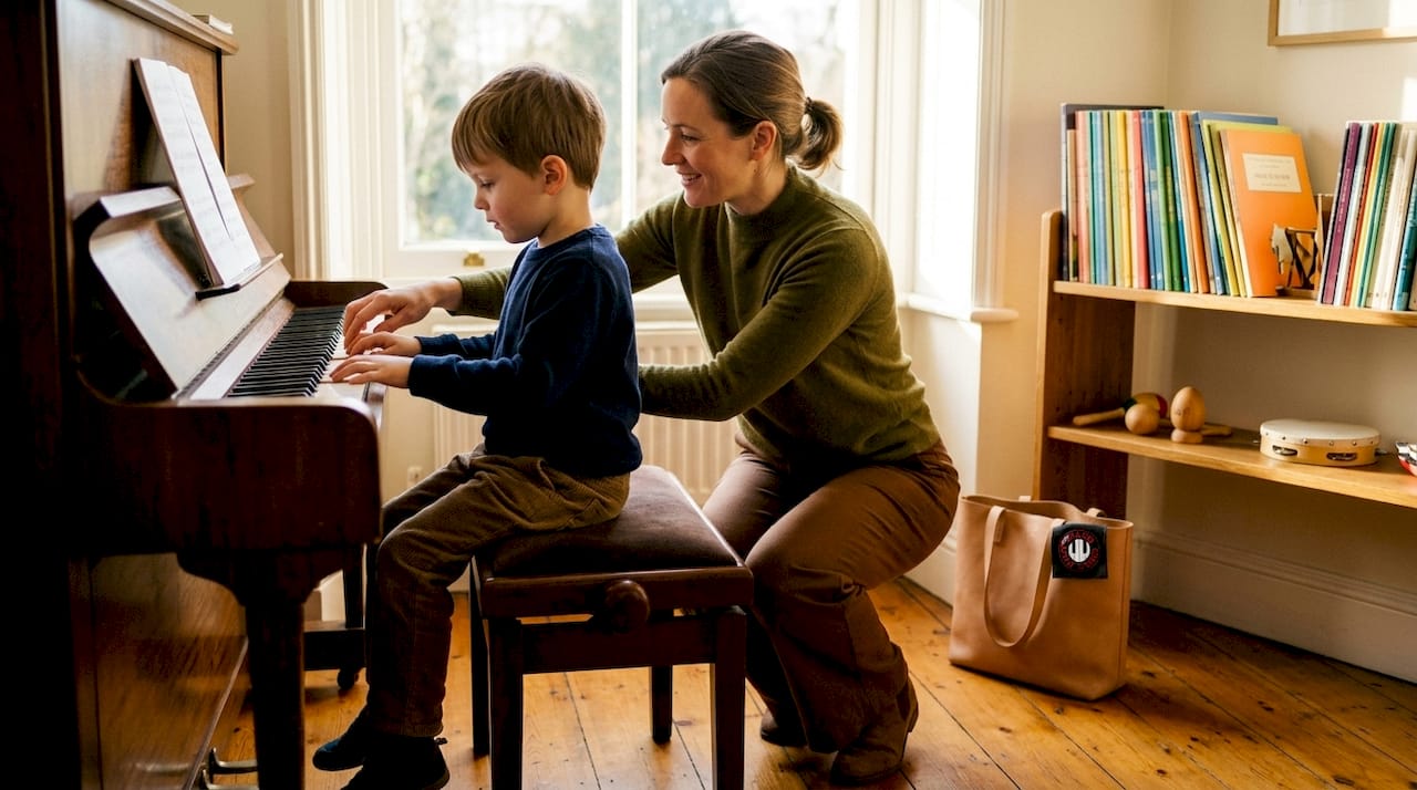 Teacher adjusting child's piano posture