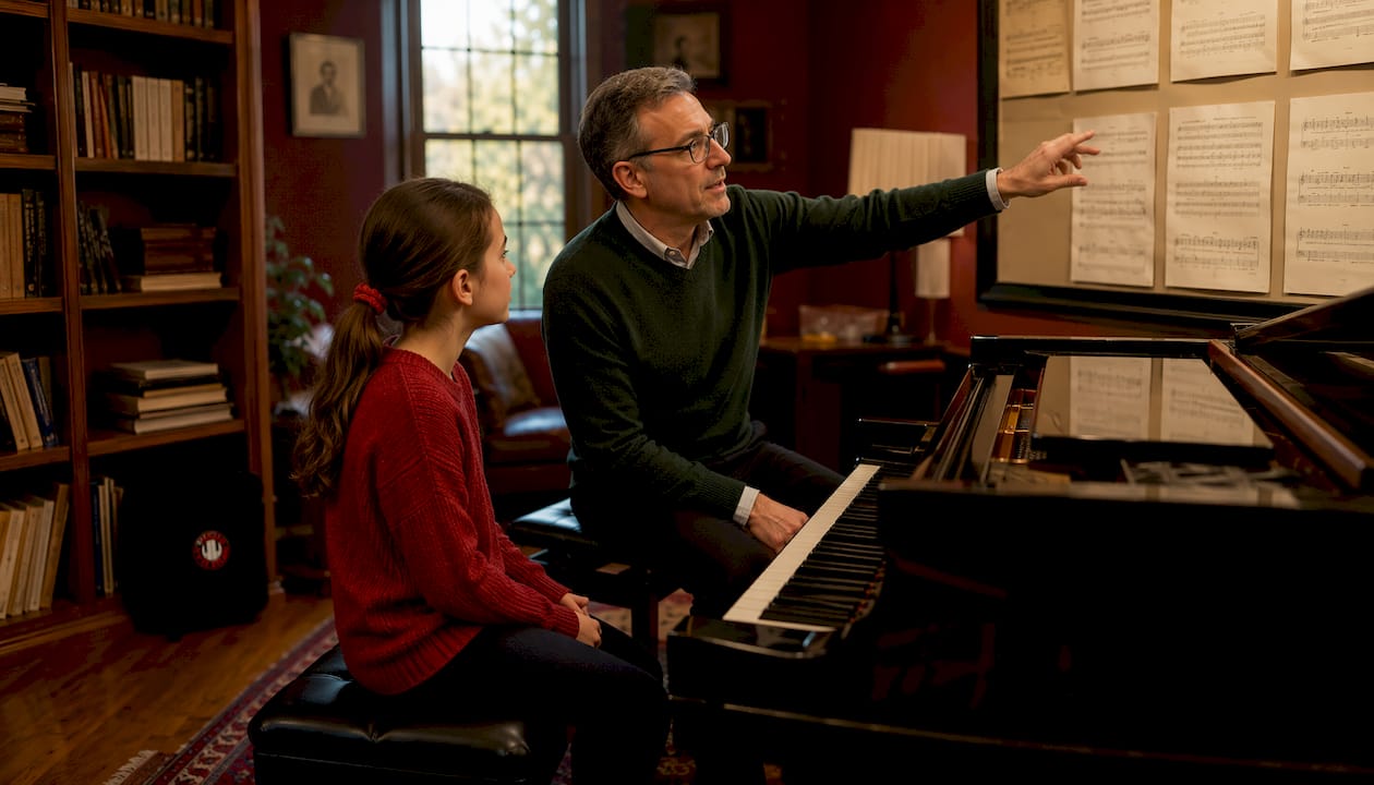 Piano teacher coaching student at duet session