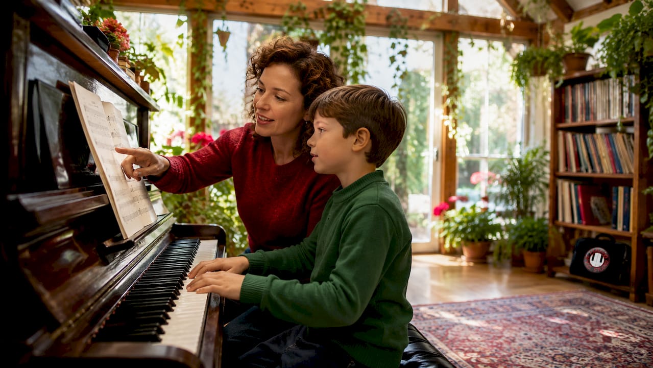 Piano teacher with boy at piano duet lesson