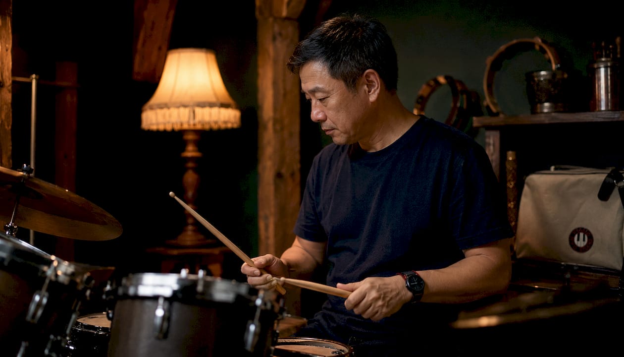 Drummer practicing with wrist-worn metronome device outdoors