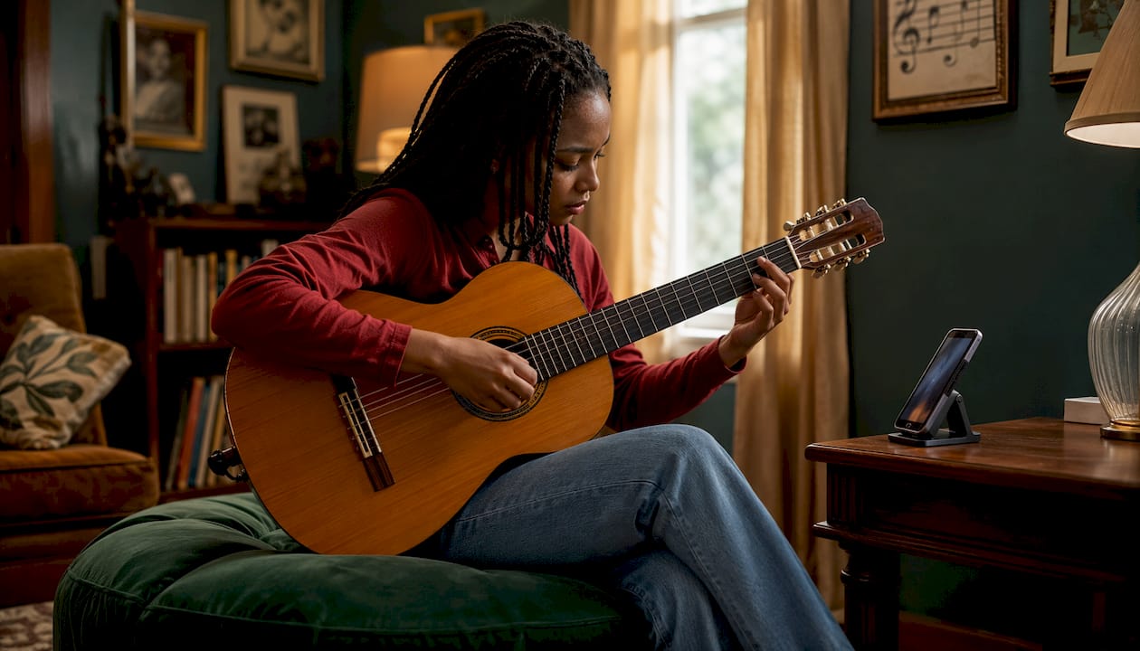 Musician practicing guitar with metronome app at home studio