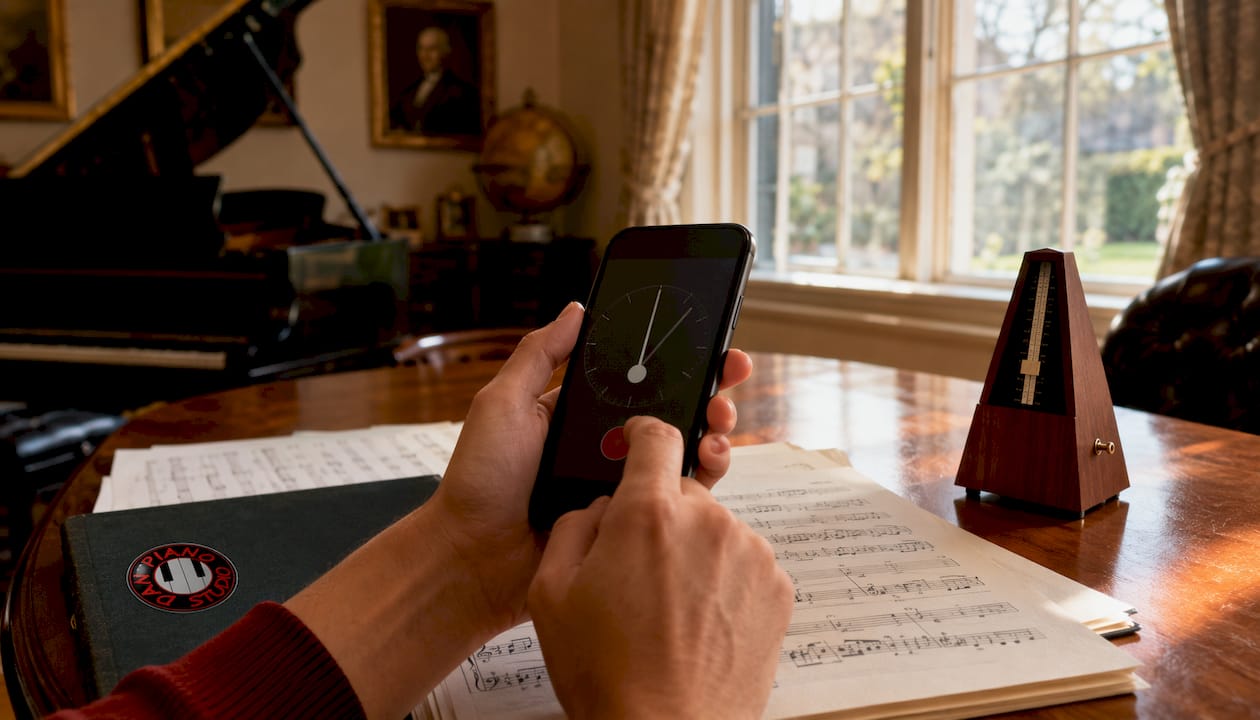 Hands adjusting metronome app on smartphone over desk