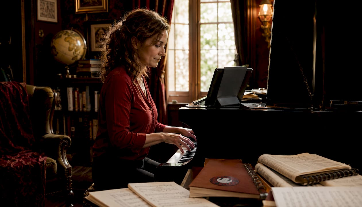 Woman practicing piano using learning app