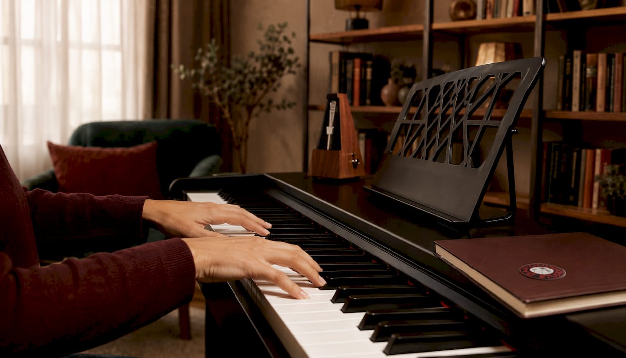 Close-up of hands playing digital piano keys