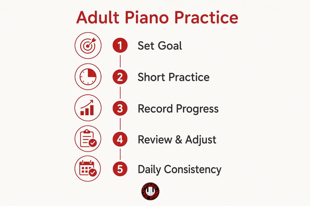 Infographic showing adult piano practice steps