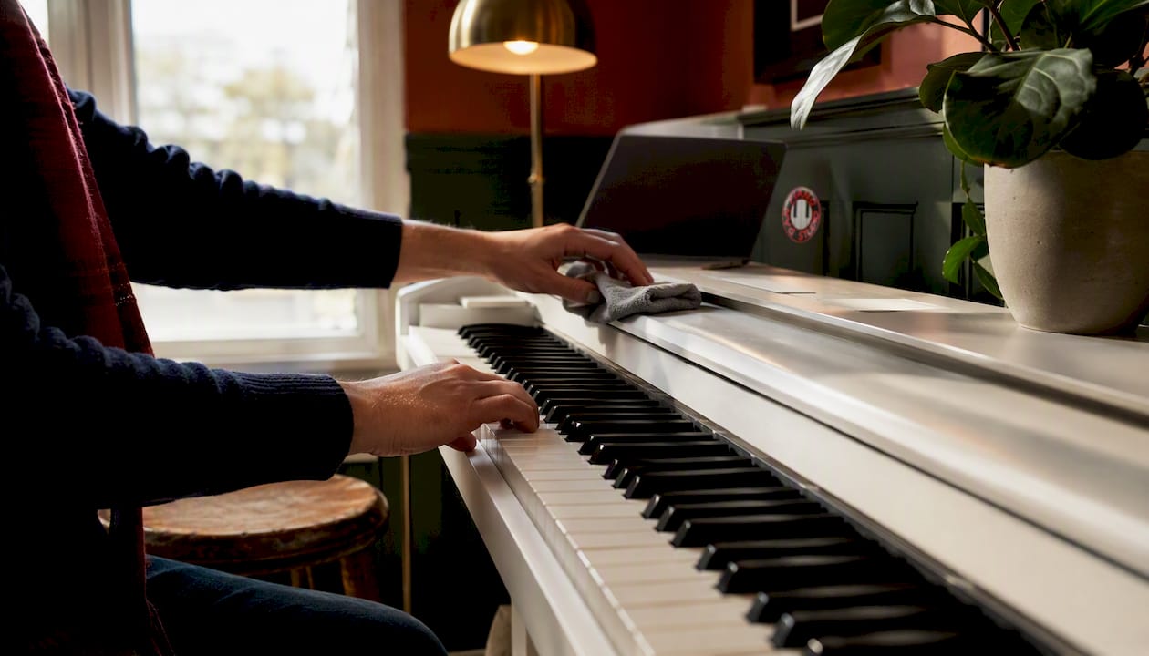 Hands cleaning digital piano keyboard carefully