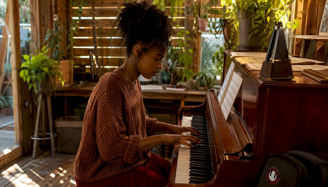 Jazz pianist practicing ii–V–I chord progression