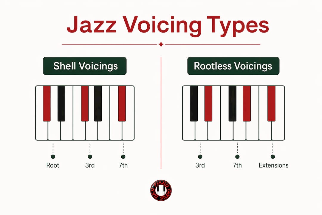 Infographic showing jazz piano voicing families