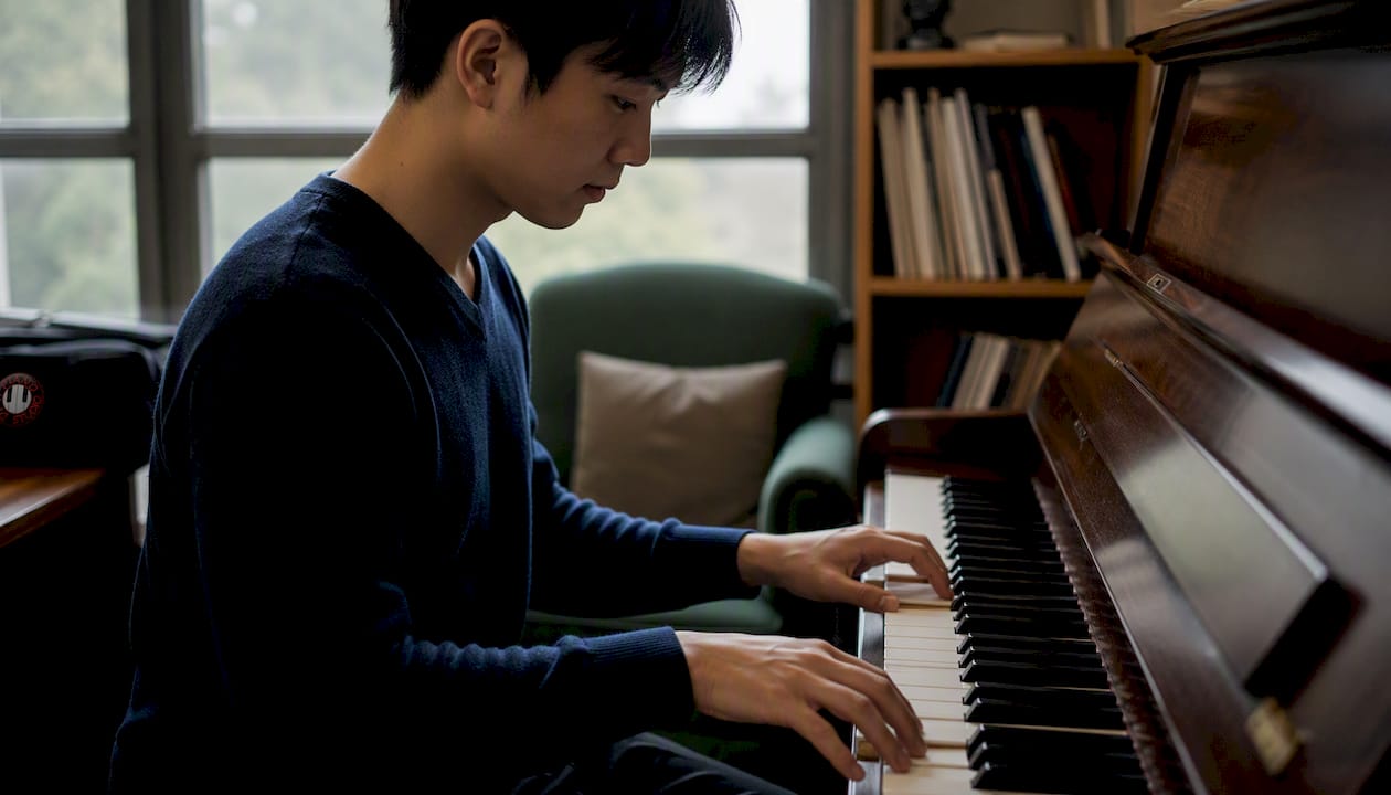 Close-up of left hand playing piano accompaniment