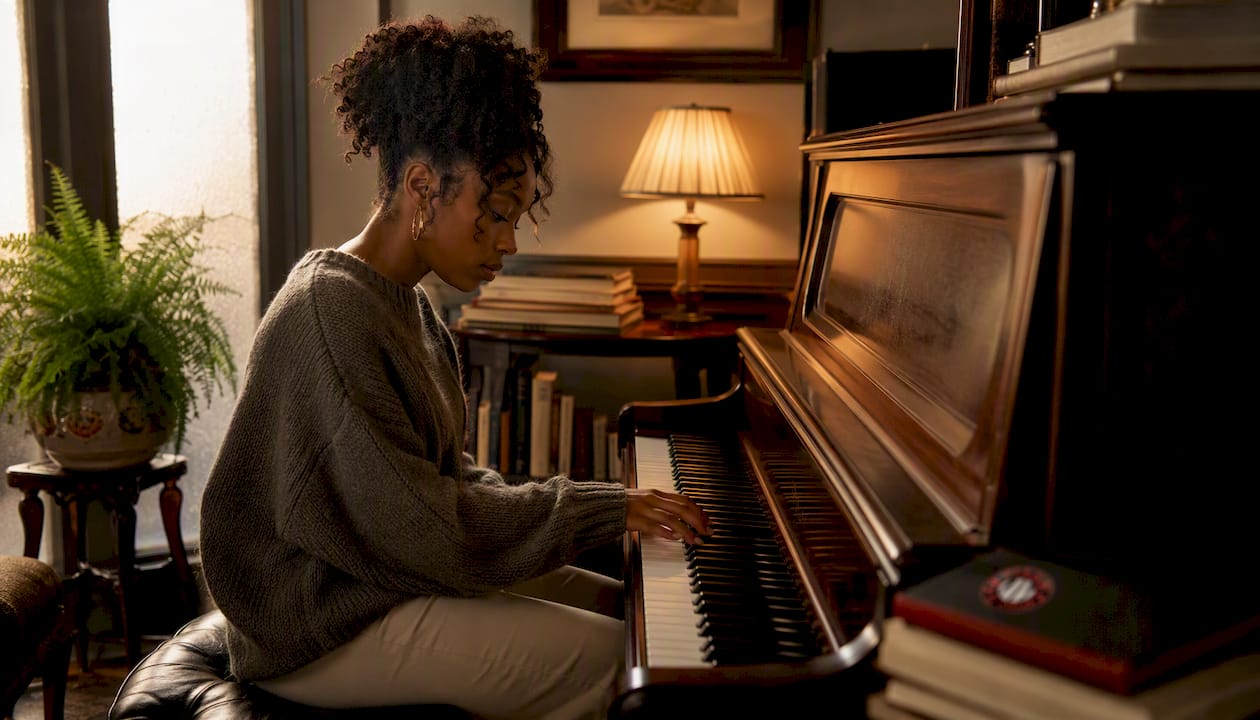 Woman playing piano by ear at home