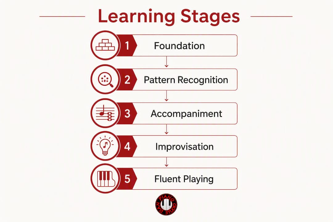 Infographic showing stages of learning to play piano by ear