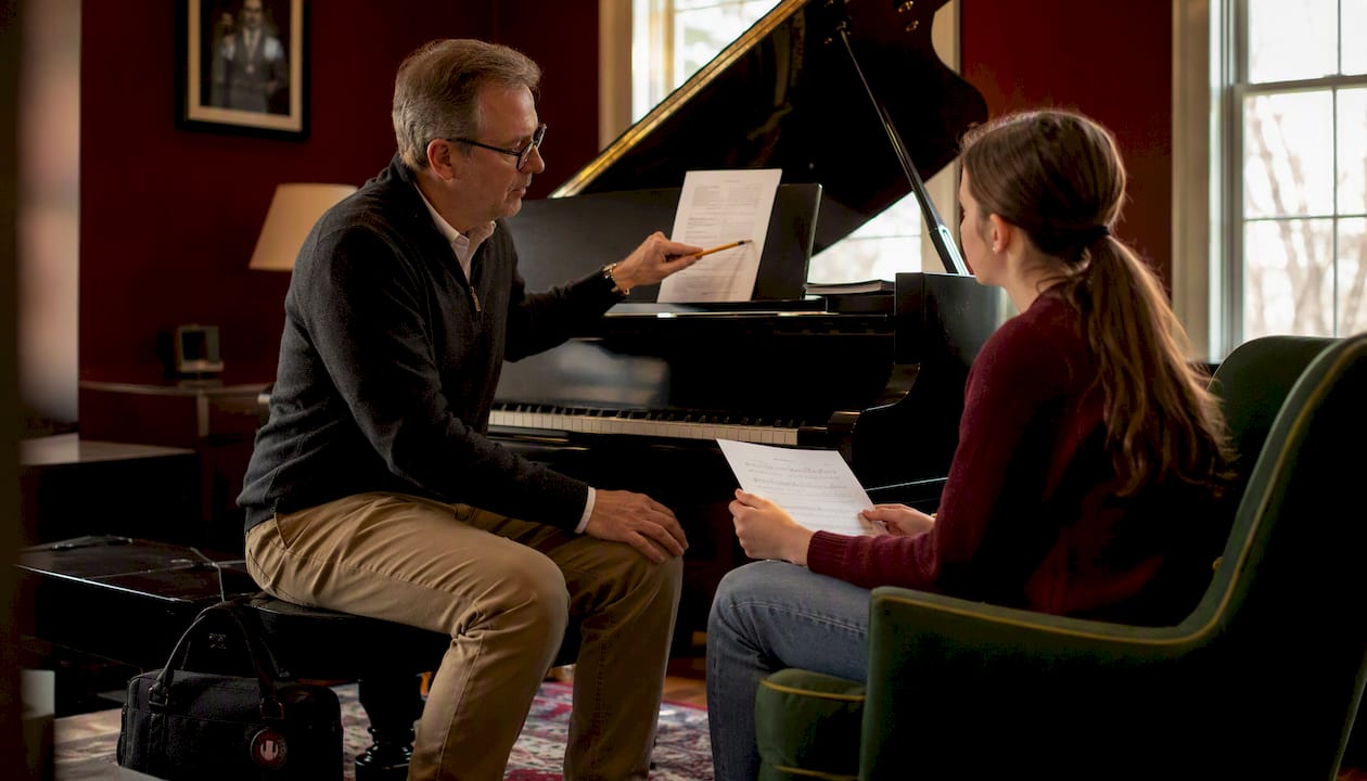 Piano teacher explaining practical exam syllabus