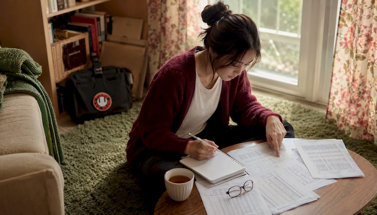 Student reviewing ABRSM exam fees at table