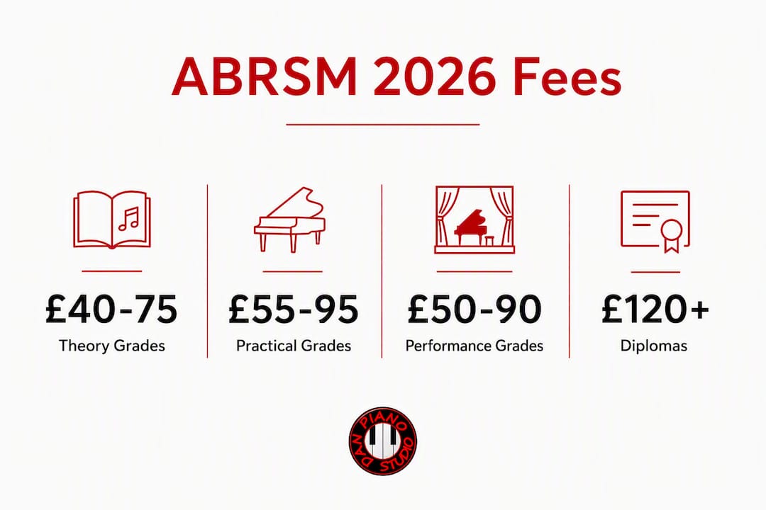 Infographic showing ABRSM 2026 exam fee ranges