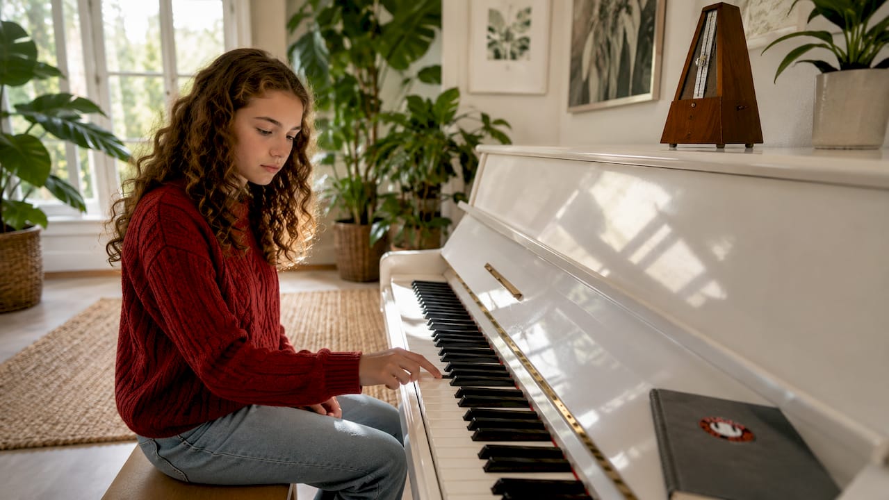 Teenage girl testing action on upright piano keyboard