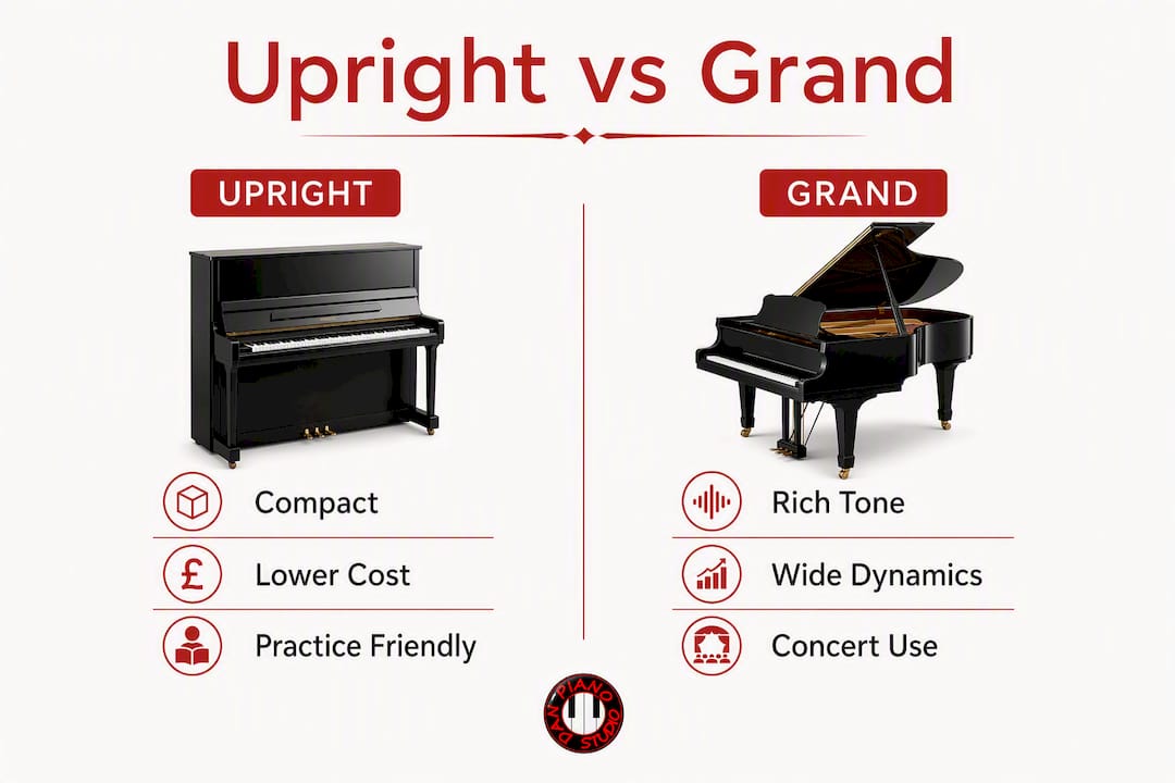 Infographic comparing upright and grand pianos on key features