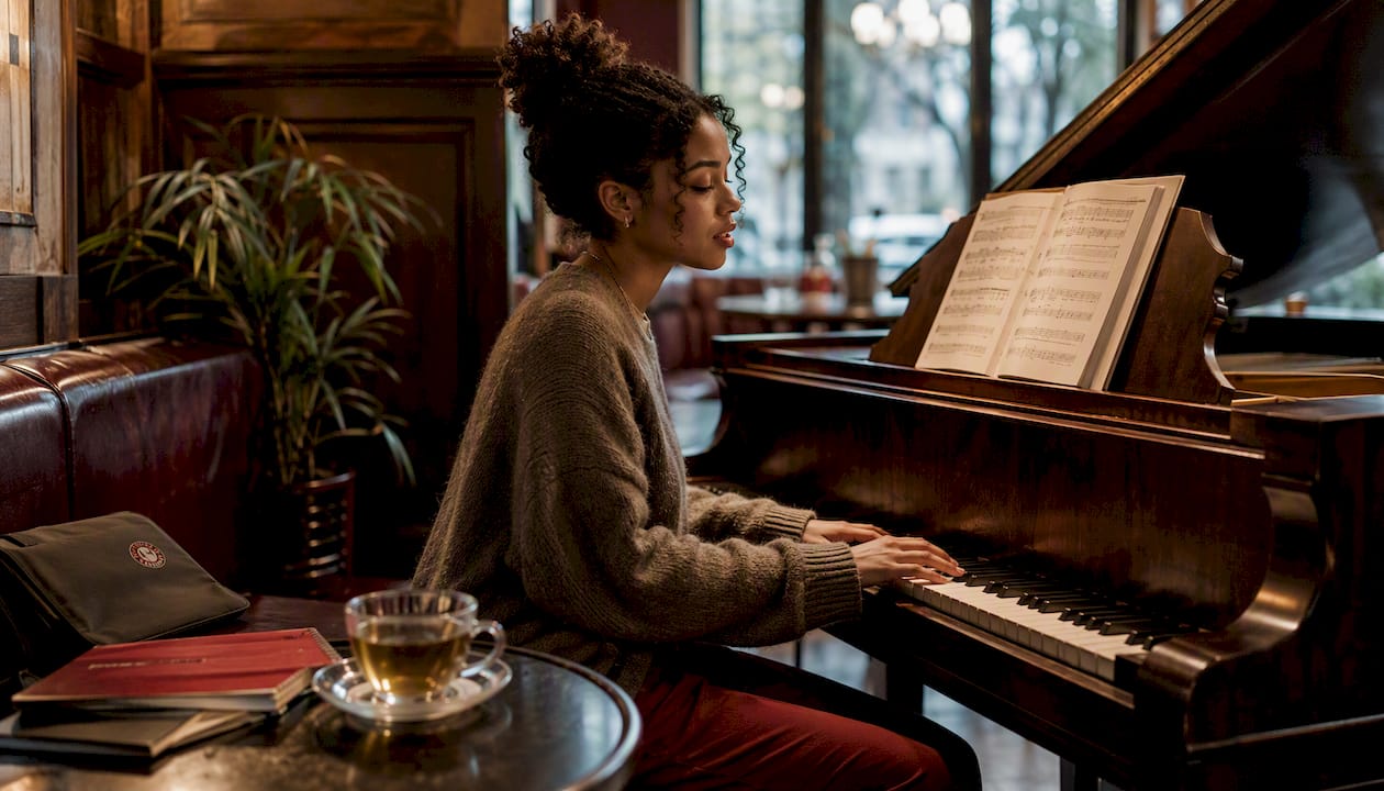 Young woman practicing piano sight reading
