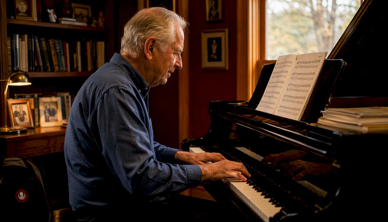 Close-up of elderly hands sight reading piano