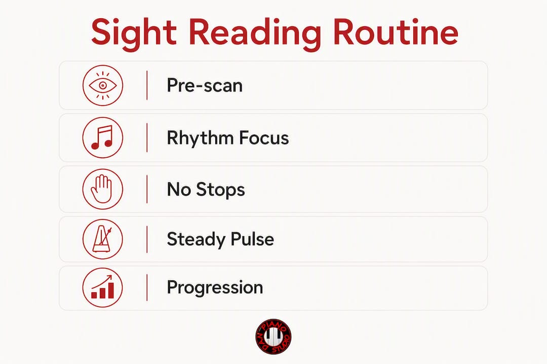 Infographic showing steps of piano sight reading routine
