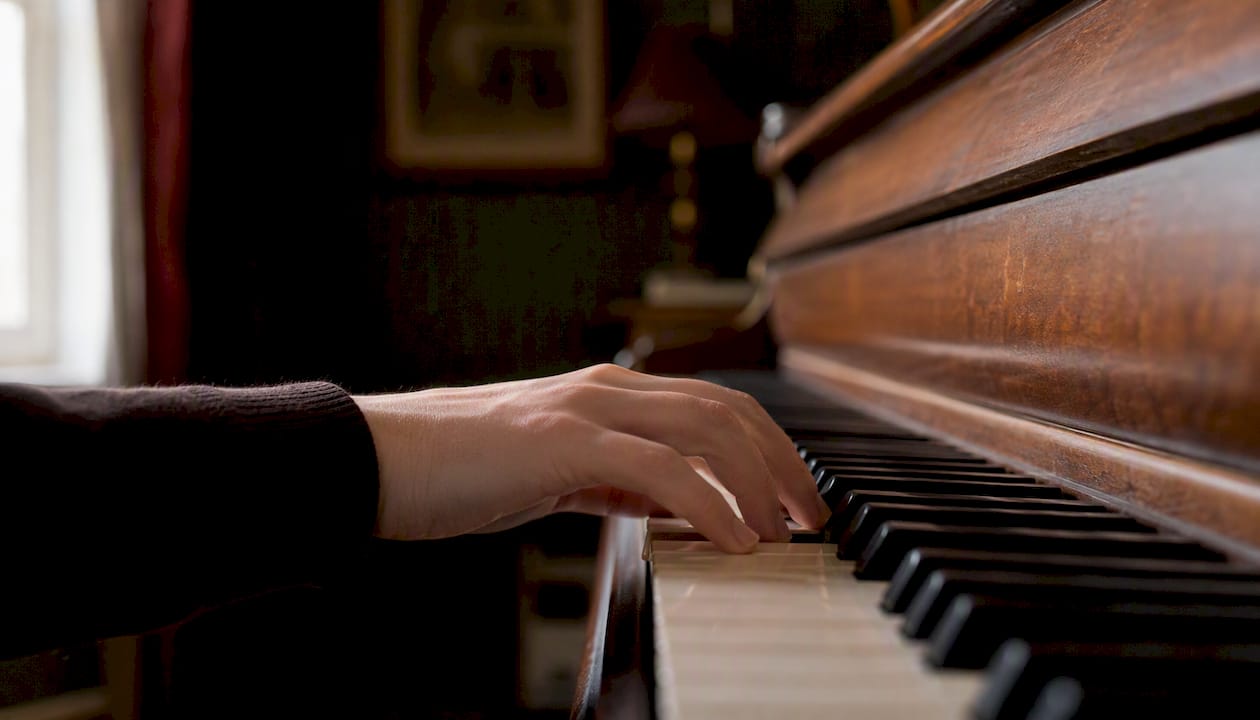 Low piano keys and fingers forming chords
