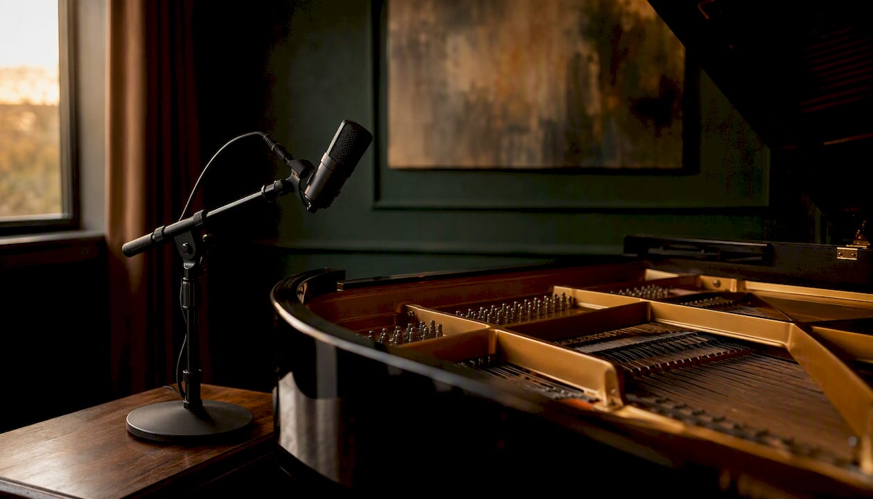 USB condenser microphone positioned near upright piano soundboard