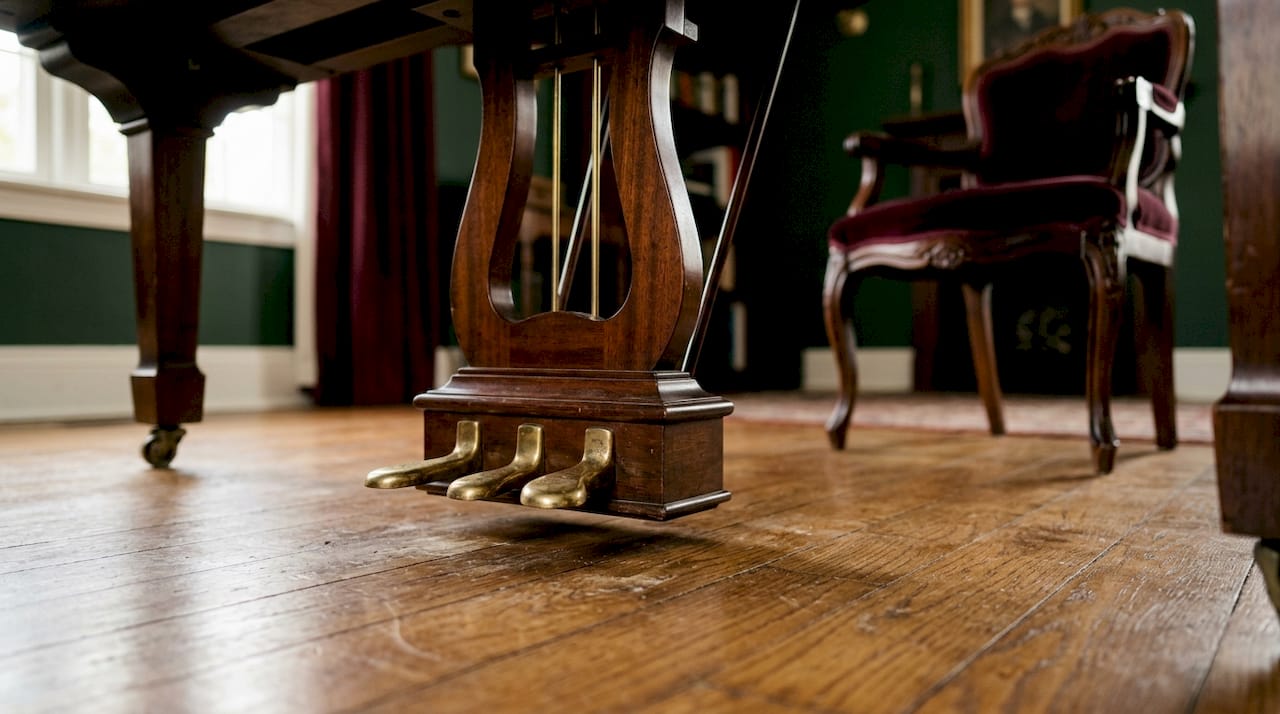 Close-up of three piano pedals on grand piano
