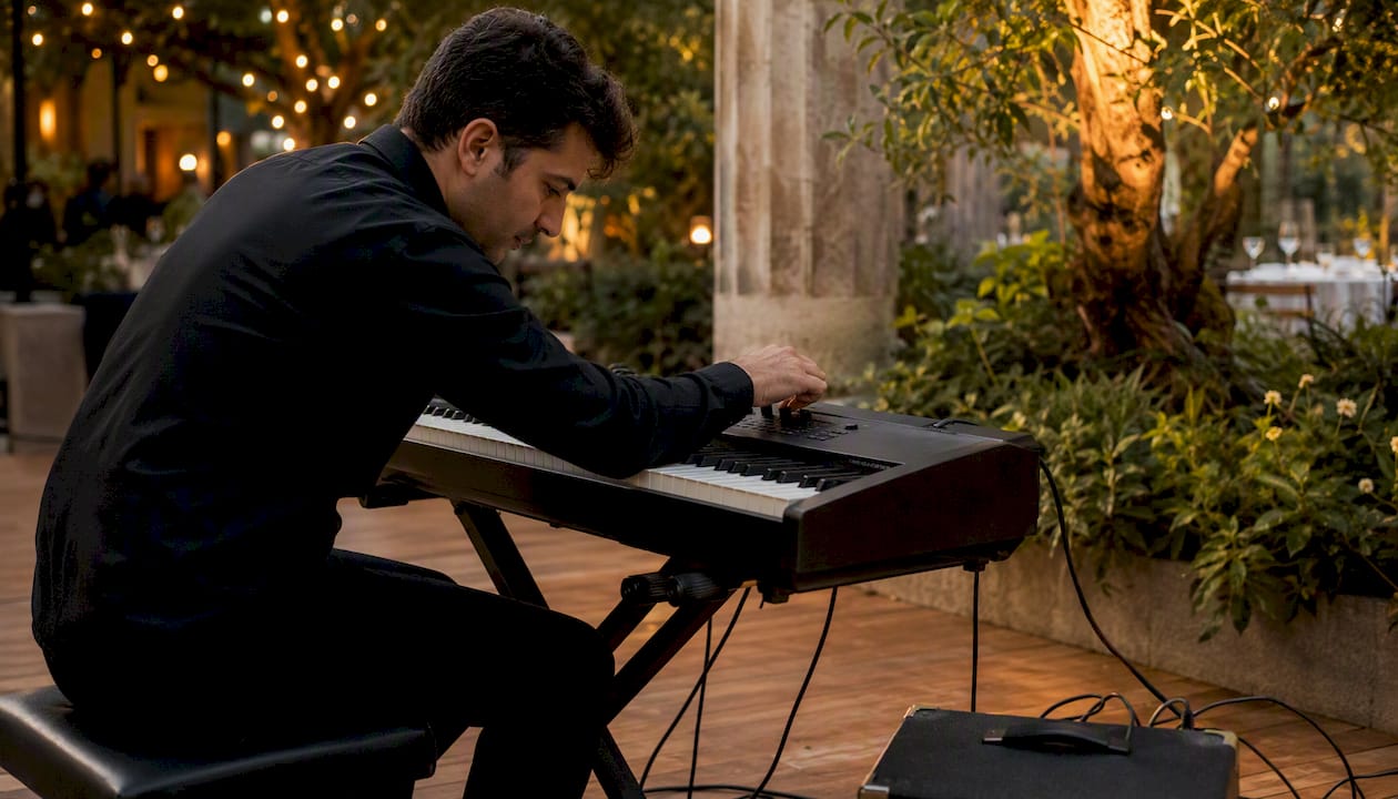 Pianist adjusting digital keyboard setup