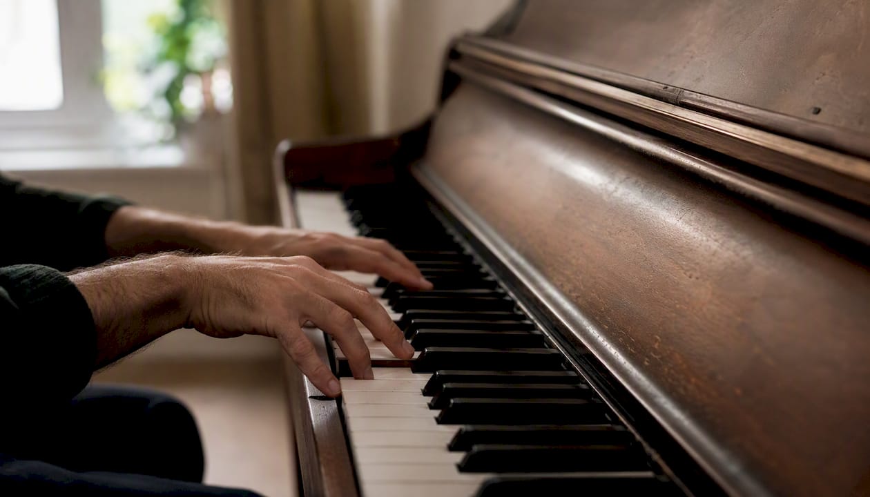 Hands adapting chord fingering on piano