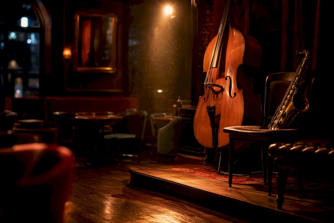 Empty jazz club stage with instruments ready