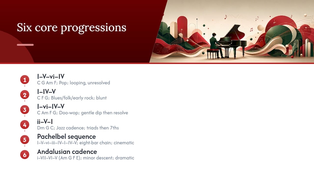 Diagram of six core piano chord progressions