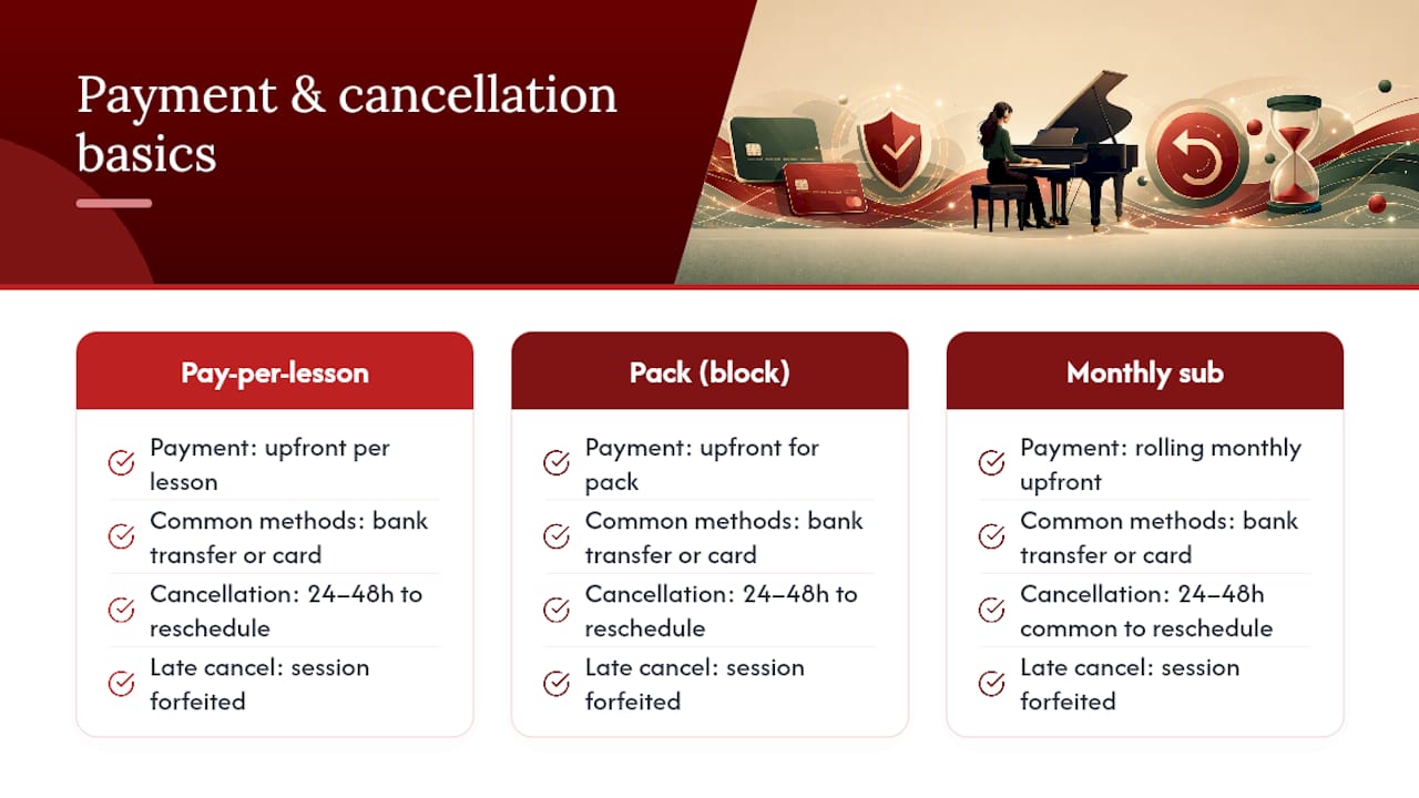 Diagram of payment and cancellation options for online piano lessons