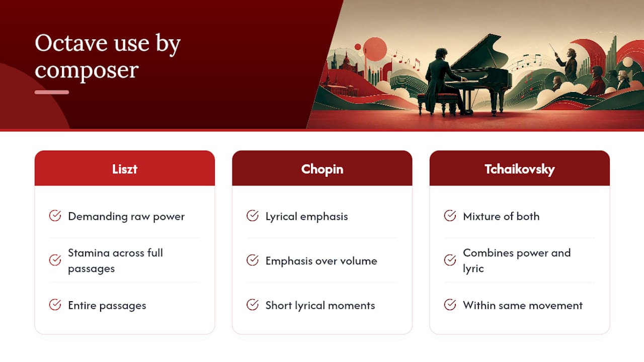 Octave demands across three piano styles