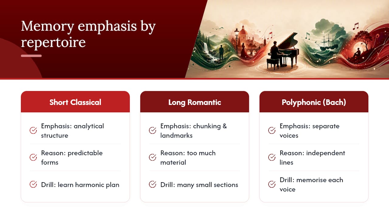 Memory strategies matched to piano repertoire styles